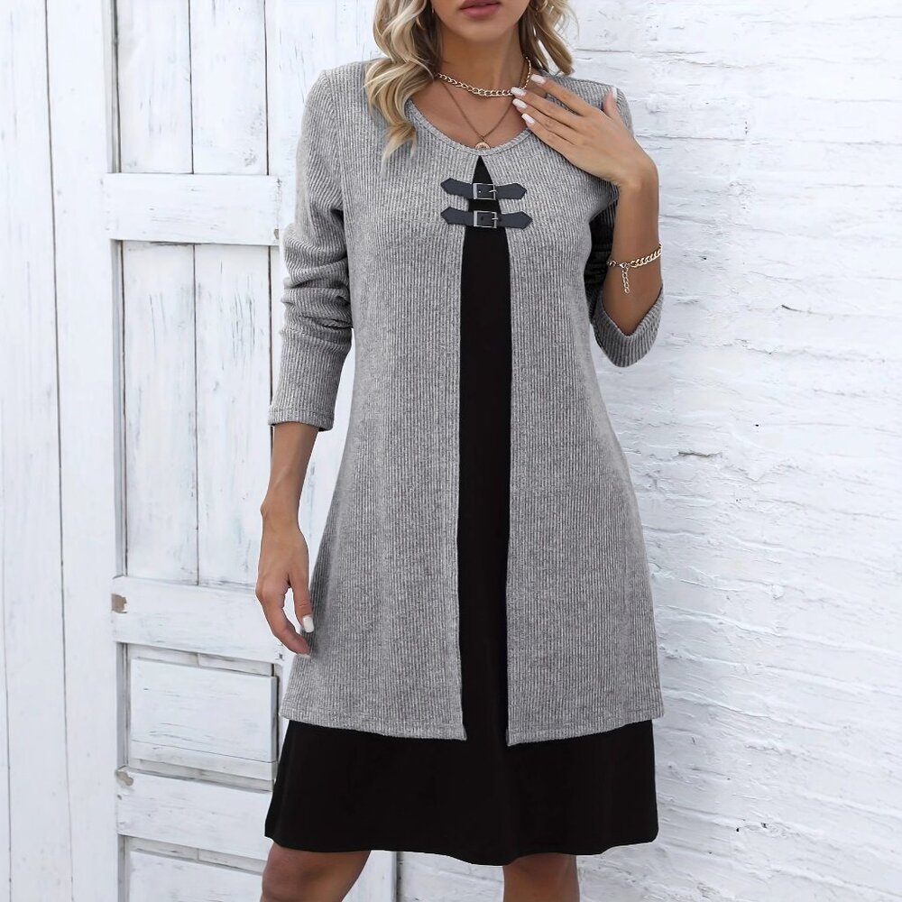 2/$45 Grey Ribbed Knit Attached Cardigan & Black Dress Set Sweater Buckle Detail